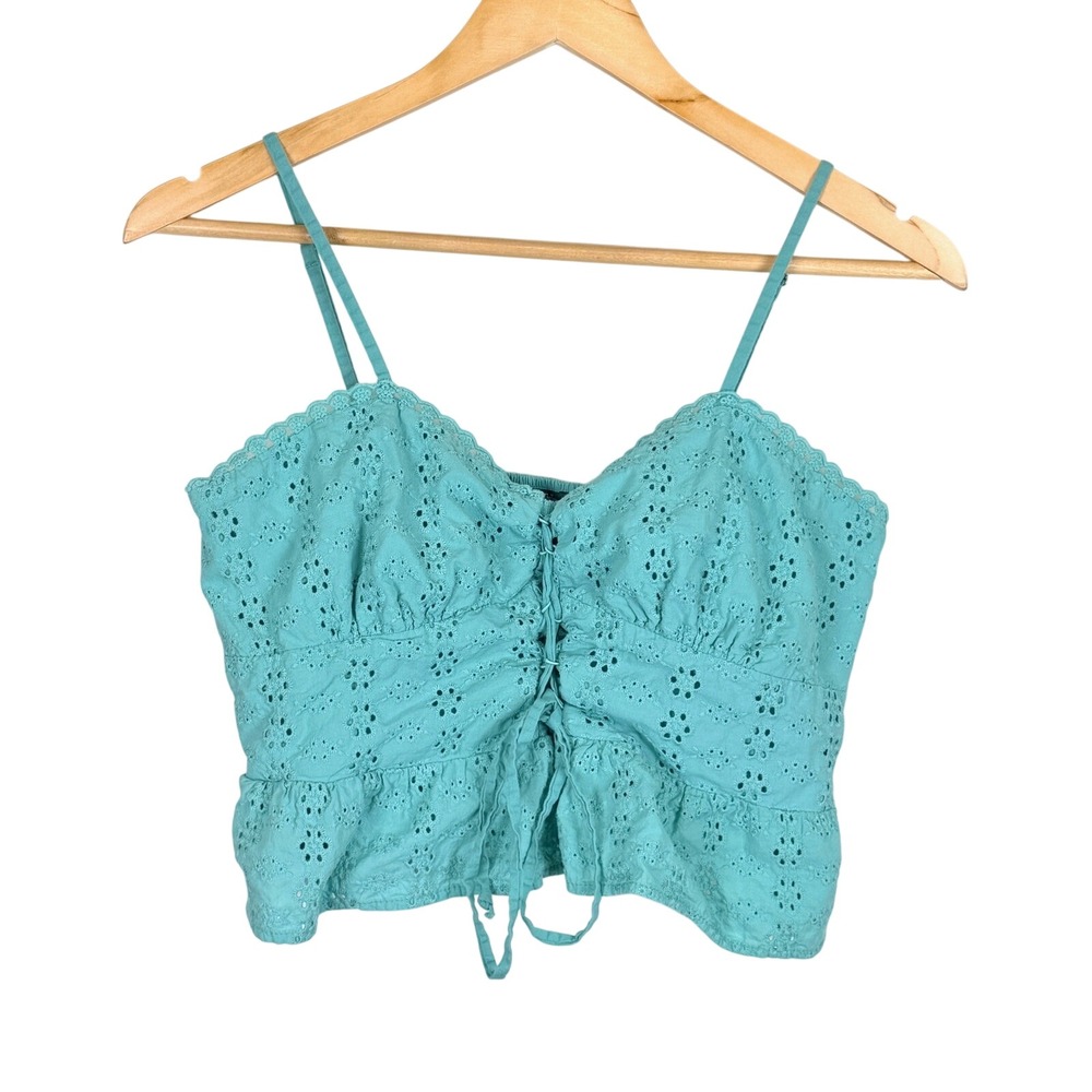 Wild Fable Eyelet Lace Camisole M Peplum Crop‎ Top Teal Aqua Coquette Fairycore